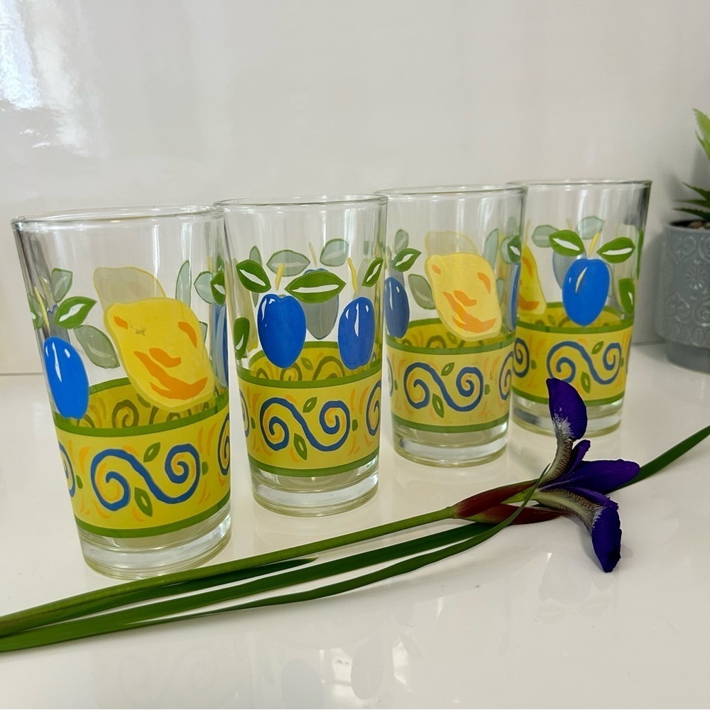 Vintage 4x water/ lemonade hand painted tall heavy tumblers